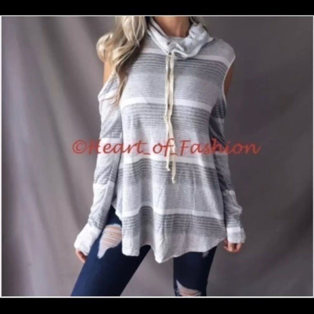 Cold Shoulder Cowl Neck Striped Relaxed Knit Top M